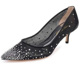 XYD Mid Kitten Heels Pumps Rhinestones Pointed Toe Evening Dress Shoes